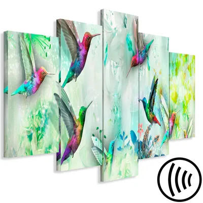 Produktbild von Akustikbild Kolibri 200x100 cm Bilder Akustikschaum Hochleistungsschallabsorber Schallschutz Leinwand 5 tlg Wandbild Raumakustik Schalldämmung Blumen g-C-0070-b-o