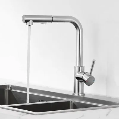 Productafbeelding van Ibenzoa® Keukenmengkraan met uittrekbare douchekop (60 cm), 360° draaibare L-uitloop, 2 straalstanden, monomand, roestvrij staal 304 geborsteld, geschikt voor 33–37 mm