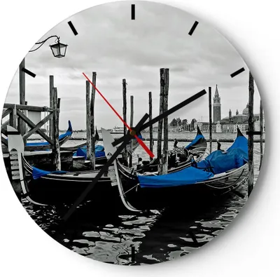Produktbild von Wanduhr - Rund - Glasuhr - Venedig Gondel Leuchtturm - 30x30cm - Schleichendes Uhrwerk - Lautlos - zum Aufhängen bereit - Dekoration Modern - Wanddekoration aus Glas - C3AR30x30-0446
