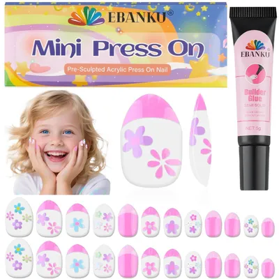 Productafbeelding van Kunstnagels voor kinderen, 24 stuks, mini-formaat, plaknagels voor meisjes, mini-bloemendesign, ABS-kunststof