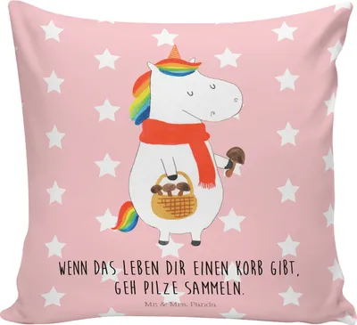 Produktbild von Mr. & Mrs. Panda Dekokissen Einhorn Pilz - Rot Pastell - Geschenk, Einhörner, kuschelkissen 40x40, Unicorn, Pilze, Sofakissen, Kleines Kissen, Deko, für sofa, Spruch
