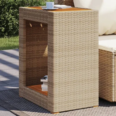 Produktbild von Design Garten-Beistelltisch mit Holzplatte Beige Poly Rattan, Gartentische 2024 Neu