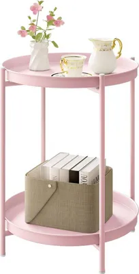Produktbild von WOLTU Beistelltisch rund, Couchtisch mit Stauraum, 2 abnehmbare Tabletts, aus Metall : Rosa Farbe: Rosa