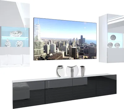 Immagine prodotto di BELINI Set di pareti attrezzate per il soggiorno Parete attrezzata moderna con illuminazione a LED Bianco lucido Parete attrezzata mobile TV Bianco / Nero lucido