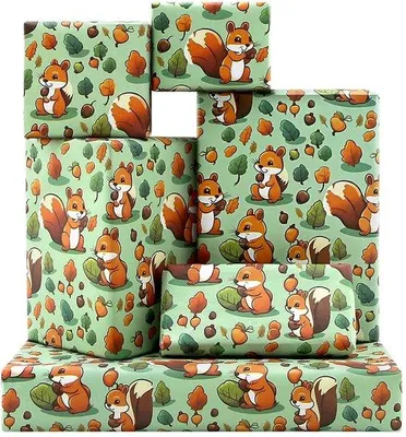 Produktbild von Inpakpapier Herbst Eichhörnig - 4 Blätter - Geschenkverpackung Kinder - Geschenkverpackung für Kinder, Baby und Geburtstag - Grün Blätter