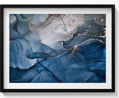 Produktbild von Blaue Abstraktion mit Gold– Wandbild mit Rahmen – Gerahmtes Bild  – Wanddekoration – 80x60 cm –  Schwarz Rahmen