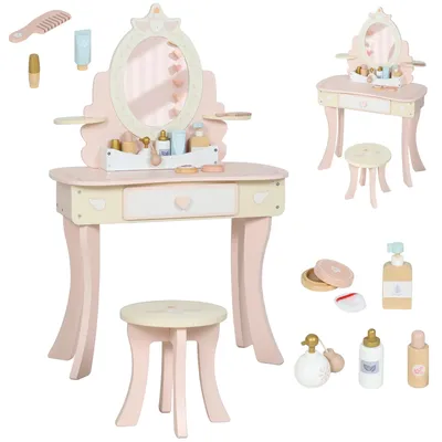 Produktbild von Kinder-Schminktisch - Mit Hocker - Abnehmbarer Spiegel - Schublade - Holz - Rosa