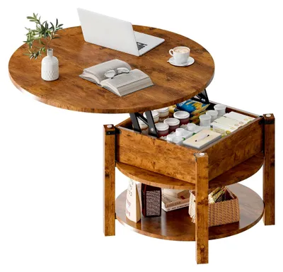 Produktbild von Runder Couchtisch mit Hebefunktion, Höhenverstellbarer 2-in-1 Beistelltisch, Wohnzimmertisch mit Verstecktem Ablagefach, für Wohnzimmer/Büro, 80x80cm, Vintagebraun