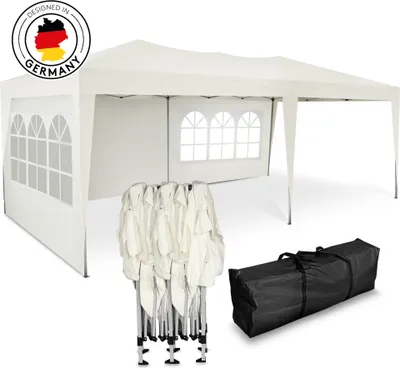 A white gazebo tent is shown, along with its folded frame and a carrying bag.