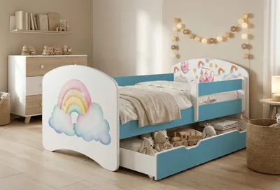 Obrázek produktu pro Dětská postýlka Happy Babies s bočními zábranami pro chlapce, 140 x 70 cm, do dětského pokoje, se zásuvkou, matrace, jednolůžko pro děti, modrá, barevné samolepky