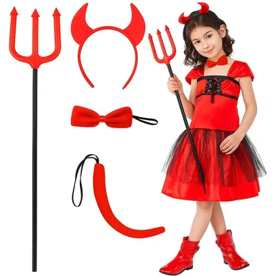 Zdjęcie produktu dla Przebranie strój diabła diabełka diablicy zestaw 4 elementy widły rogi ogon muszka Halloween jasełka czerwony uniwersalny