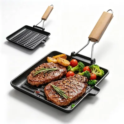 Produktbild von Gusseiserne Grillpfanne mit Holzgriff - Für Induktion und Camping