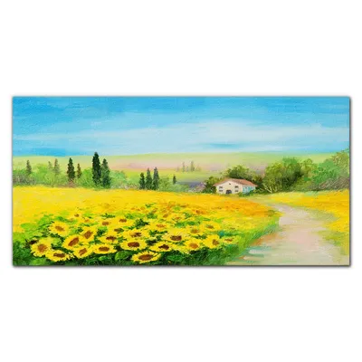 Produktbild von Coloray - Bild aus Glas - Glasbilder - 100 x 50 cm - Wanddekoration Küche Glasblock mit Bild Dekoration Wohnzimmer Gehärtetes Glas - Sonnenblumen Wiesenlandschaft