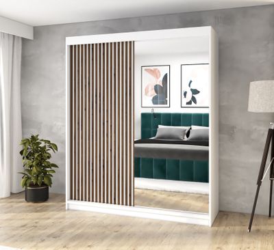Schwebetürenschrank, 2-türig Schrank mit Spiegel und 3D-Lamellen Premum!! Moderne Garderobefür Kleidung. Weißer Kleiderschrank MIT 160 cm.