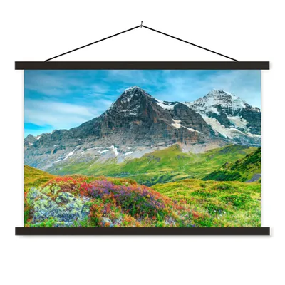 Produktbild von MuchoWow® Textilposter Blumen - Berge - Schnee - Landschaft 60x40 cm mit schwarzem Rahmen - Hölzernes