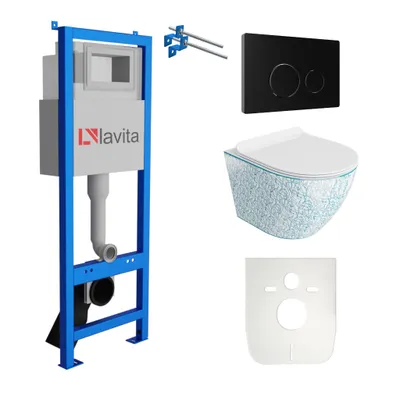 Produktbild von Lavita LAV 101 Vorwandelement für WC 40cm + Wand Hänge Tiefspül WC SOFI SLIM KRESZ Weiß/Blau Spülrandlos + Bedienplatte LAV 200.4.4 Schwarz | Komplettset | Unterputz Spülkasten | Toilette Komplett Sett