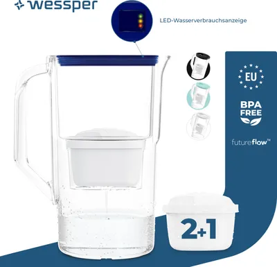 Produktbild von Wessper 2,8 l Wasserfilterkrug mit LED-Zähler Kompatibel mit Brita Maxtra | Set aus 3 Wasserfilterkrug + Wasserfilterkartusche - Blau