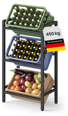 Zdjęcie produktu dla Półka na skrzynki z napojami – 3 poziomy – stabilna konstrukcja stalowa – kolor czarny – wymiary: 36 x 55 x 116,1 cm
