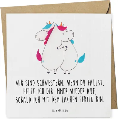 Produktbild von Mr. & Mrs. Panda Grußkarte Einhörner Umarmen - Weiß - Geschenk, doppelkarte, Unicorn, anlasskarte, Familie, Einhorn, Glückwunschkarte, Schwestern, faltkarte, Liebe