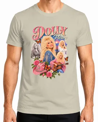 Immagine prodotto di T-shirt da uomo, stile retrò, con la scritta "Dolly Parton", cantante di musica country, immagine di una cowgirl e una chitarra western. Taglia: M