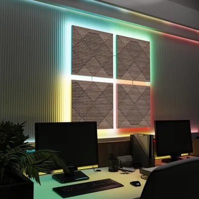 Zdjęcie produktu dla Zestaw 4 akustycznych paneli ściennych LED z podświetleniem RGB do systemu Echo Control | Panele dźwiękochłonne z podświetleniem | 4x WILDS -Separat-SQUARE | Sonoma