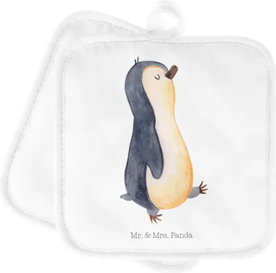 Produktbild von Mr. & Mrs. Panda Topflappen Pinguin marschieren - Weiß - Geschenk, Set, Kochlappen, topfhalter, Topfuntersetzer, Spazieren, Bruder, Stolz, Topflappenset, Familie