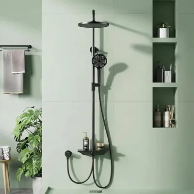 Produktbild von Badewannen-Duschsystem - Wandmontierte Thermostatarmatur - 3 Modi Regendusche & Handbrause - Thermostatregelung - Zinklegierung - Schwarz