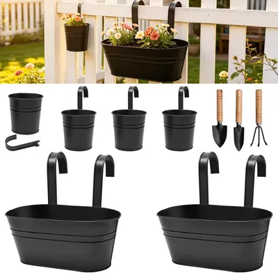 Produktbild von Balkonkästen, Metall, 6 Stück, mit Halterung und 3 Gartengeräten, für Balkon