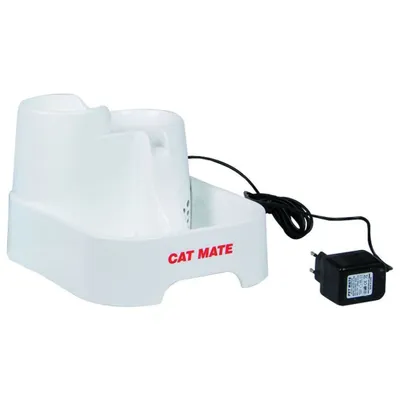 A white pet fountain with a black power adapter and cord on a white background.