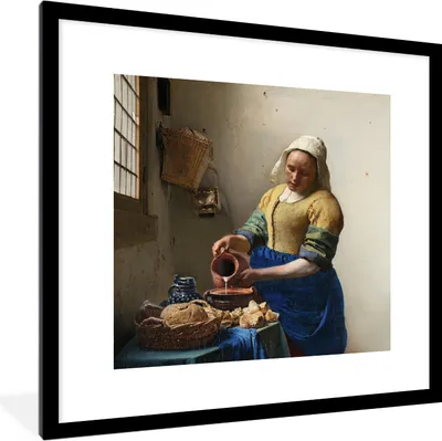 Produktbild von MuchoWow® Gerahmtes Poster Das Milchmädchen - Kunst - Alte Meister - Vermeer 40x40 cm - Poster mit Schwarzem Bilderrahmen Wandposter Rahmen Foto Bilder - Poster - Plakat im Rahmen
