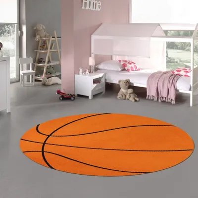 Produktbild von Runder Teppich Basketball-Design Sportlich, Weich & Pflegeleicht für Kinderzimmer & Spielbereiche in Orange Schwarz Größe - 80 cm Rund