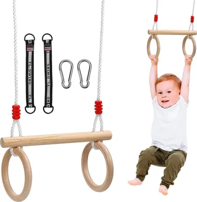 Image de Balançoire d'extérieur - Balançoire suspendue avec anneaux de gymnastique en bois - Pour enfants à partir de 3 ans et adultes - Jusqu'à 50 kg - Pour intérieur et extérieur - Jaune