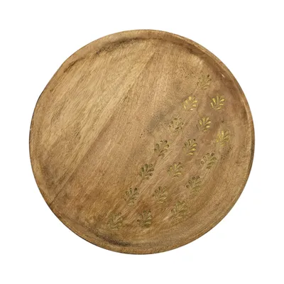 Produktbild von Holzteller Deko Teller Kerzenteller rund 30 cm Blattmuster braun Mangoholz dekobrett