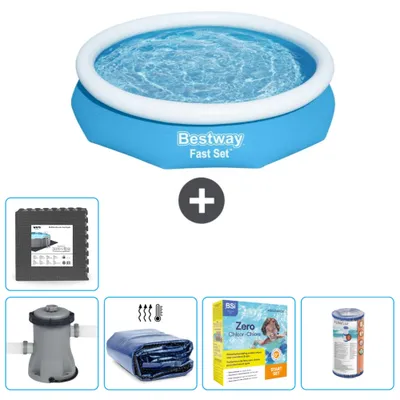 Produktbild von Bestway runder aufblasbarer Fast-Set-Schwimmpool – 305 x 66 cm – Blau – inklusive Pumpe Sonnensegel - Wartungspaket - Filter - Bodenfliesen