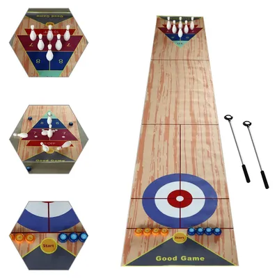 Immagine prodotto di Gioco da tavolo 3 in 1: shuffleboard, bowling e curling - Set da gioco - Shuffleboard, bowling e curling - Tavolo 360 x 57 cm - Portatile - Per 1-8 giocatori - Con 6 birilli e 2 mazze - Bianco