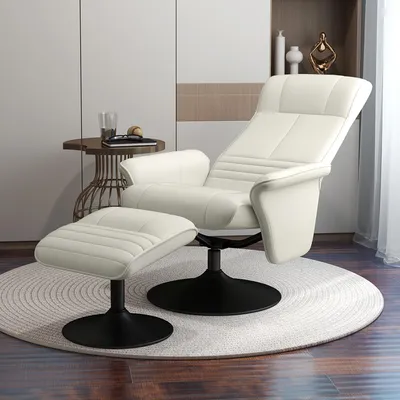 Produktbild von Relaxsessel mit Hocker, Fernsehsessel drehbar 360°, Liegesessel Mikrofaseroptik, Cremeweiß | 69 x 71 x 104 cm | bis 150 kg | 135° neigbar
