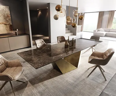 Produktbild von DELIFE Esstisch Edge 300x100 Keramik Emperador Extra Lucidato Dunkelbraun Prisma Metallic Gold