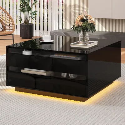 Produktbild von LED Couchtisch 70 × 70 cm mit Hubfunktion, Hochglanz Wohnzimmertisch mit Schublade und verstecktem Stauraum, App-gesteuerte RGB-LED Beleuchtung