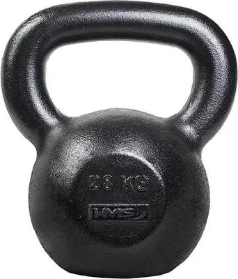 A black kettlebell is shown against a white background.