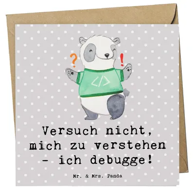 Produktbild von Mr. & Mrs. Panda Klappkarte Softwareentwickler Debugging - Grau Pastell - Geschenk, Beruf, Berufe, anlasskarte, Softwareentwicklung, Programmierer, Berufsalltag