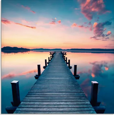 Produktbild von ARTland Glasbild Langer Pier am See im Sonnenaufgang Größe: 20x20 cm