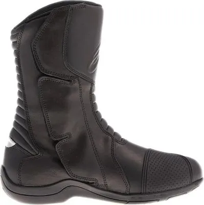 A black motorcycle boot shown from the side against a white background.