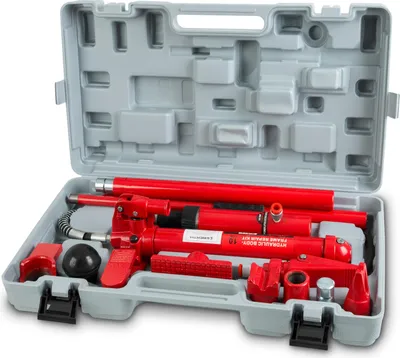 Immagine prodotto di Pressa idraulica per carrozzeria EBERTH con potenza 10T, kit completo per la rimozione delle ammaccature comprendente pressa, 7 pezzi a pressione, divaricatore, valigetta