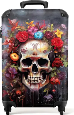 Produktbild von NoBoringSuitcases.com® Koffer Handgepäck Trolley Rollkoffer Kleine Reisekoffer mit 4 Rollen - Totenkopf - Blumen - Botanisch - Abstrakt - Totenkopf - Cabin Size < 55x40x23 cm & 55x40x20 cm - Fotokoffer - Kabinenkoffer - BoardgepäckHandgepäck Koffer 55x35x20 cm, 36L,