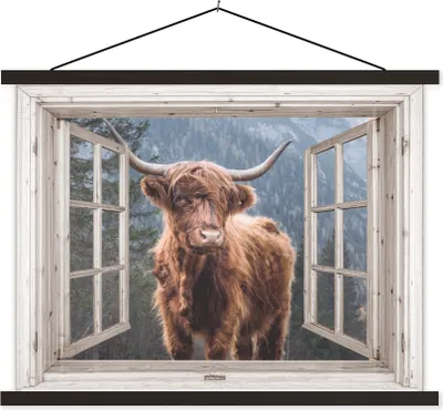 Produktbild von MuchoWow® Textilposter Schottisches Hochlandrind - Berg - Kuh - Aussicht 40x30 cm mit schwarzem Rahmen - Dekorationen