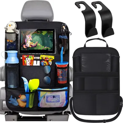 A car seat organizer filled with various items, attached to a car seat.