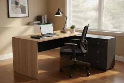 Image de Bureau pratique avec espace de rangement et un design moderne en bois