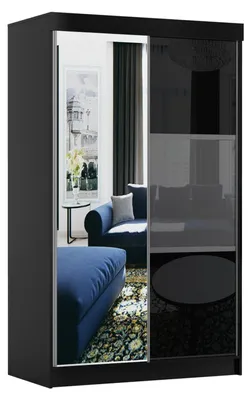 Produktbild von Krudox RUB Schwarz Kleiderschrank Schiebetüren 120x216x62 cm Spiegel Lacobel Schwarz Grau 1 Kleiderstange 2 Schubladen