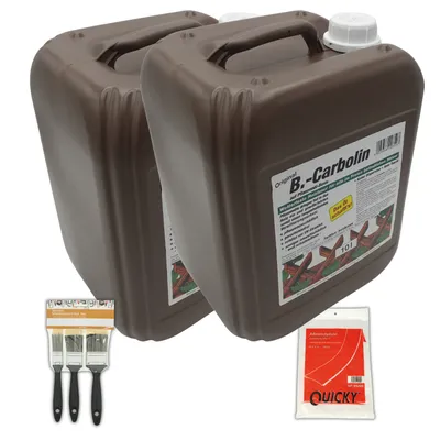 Produktbild von Original 2x B.Carbolin 10 Liter umweltfreundlicher Holzanstrich inkl. em 3er Pinsel-Set und 20 m² Abdeckplane