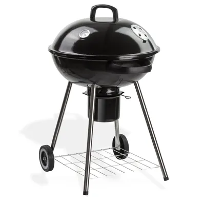 A black kettle-style charcoal grill with a silver stand and wheels, shown on a white background.